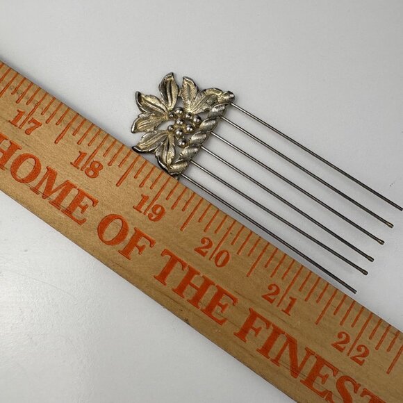 Antique Floral Hair Comb Ornate Silvertone Metal Design Beaded - Picture 3 of 4